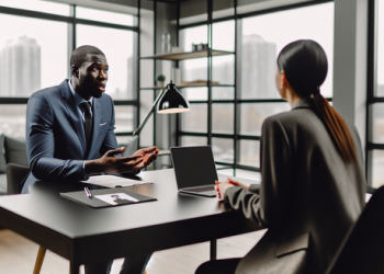 A overview shot of a job interview actively taking place