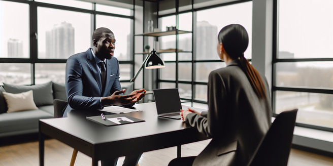 A overview shot of a job interview actively taking place