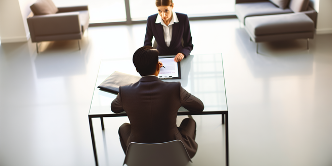 A overview shot of a job interview actively taking place