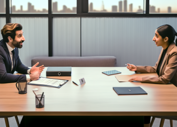 A overview shot of a job interview actively taking place