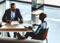 A overview shot of a job interview actively taking place