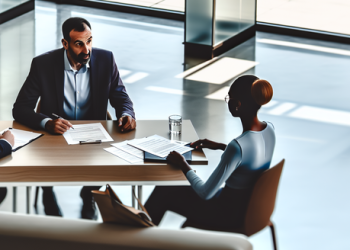 A overview shot of a job interview actively taking place