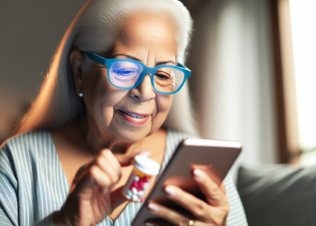 A senior citizen using a health app on her smartphone to manage her medication routine
