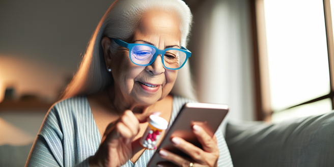A senior citizen using a health app on her smartphone to manage her medication routine
