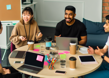 A tech startup team brainstorming ideas for a new grantsearching platform.