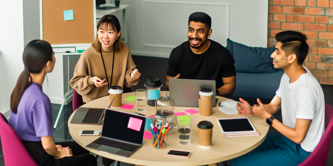 A tech startup team brainstorming ideas for a new grantsearching platform.