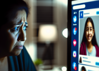 A worried parent looking at a computer screen