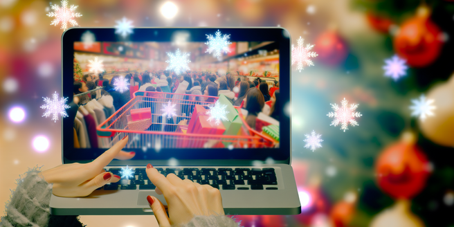 An image of consumers hustling and bustling in a seasonal online shopping spree