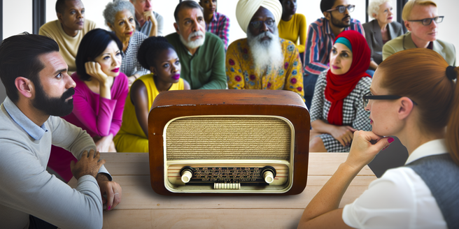 An image showing a crowd gathered around a radio listening to a broadcast, indicating mass communication.