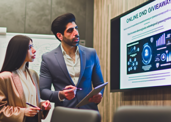 Two business people planning an online giveaway to increase brand engagement
