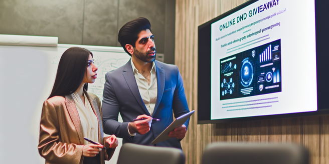 Two business people planning an online giveaway to increase brand engagement