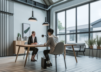 A overview shot of a job interview actively t