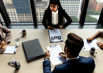 A overview shot of a job interview actively t