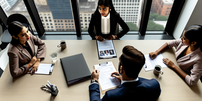 A overview shot of a job interview actively t