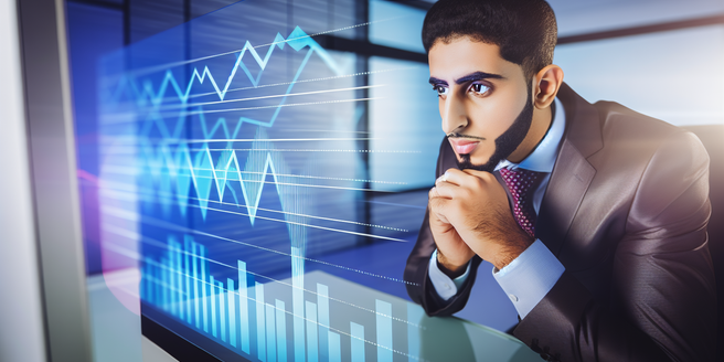 man engaging in patient observation of his financial graphs, symbolizing strategic approach