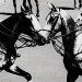 A black and white image of historical European monarchs on horseback playing polo