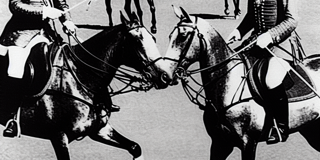 A black and white image of historical European monarchs on horseback playing polo