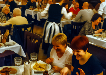 A busy Warsaw restaurant, filled with customers enjoying traditional Polish food