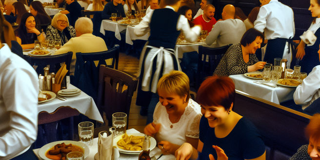 A busy Warsaw restaurant, filled with customers enjoying traditional Polish food
