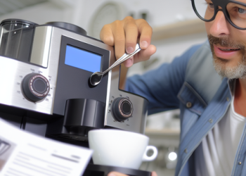 A coffee lover examining the specs of a premium single serve coffee machine