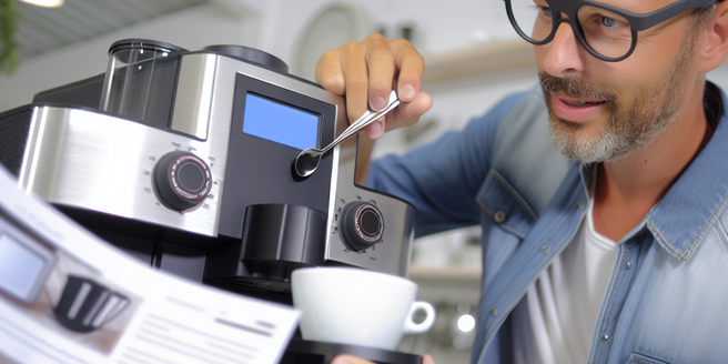A coffee lover examining the specs of a premium single serve coffee machine