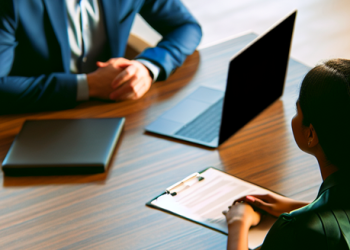 A overview shot of a job interview actively taking place