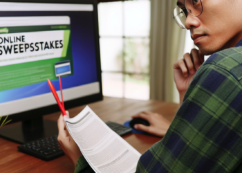 A person sitting in front of a computer, reading about online sweepstakes