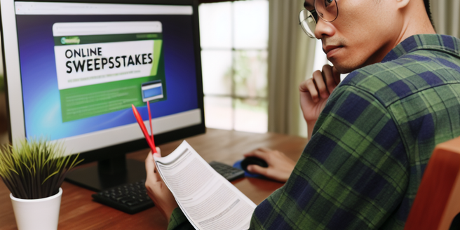 A person sitting in front of a computer, reading about online sweepstakes