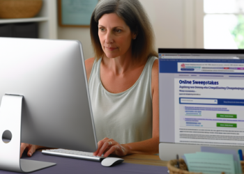 A woman on her computer researching the validity of an online sweepstakes offer