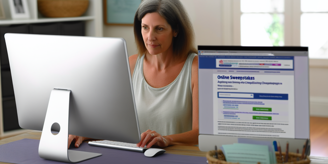 A woman on her computer researching the validity of an online sweepstakes offer
