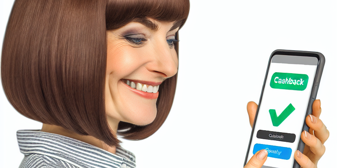 A woman smiling at her mobile phone, indicating the successful use of a cashback app