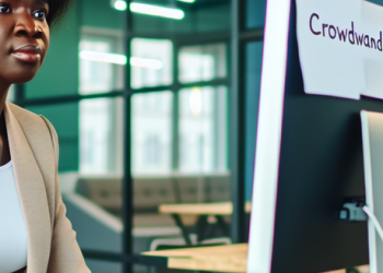 An entrepreneur using a desktop computer in an office, researching on the benefits of crowdfunding.