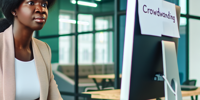An entrepreneur using a desktop computer in an office, researching on the benefits of crowdfunding.