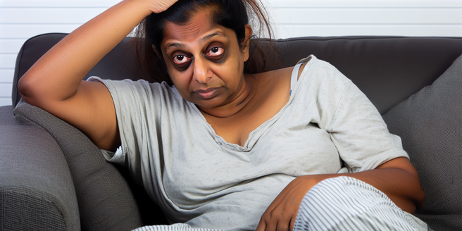 An exhausted person sitting on a couch emphasizing physical fatigue due to stress
