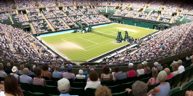 An interior shot of Englands Wimbledon stadium filled with an audience during a match