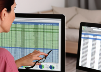 Woman looking at a computer screen showing spreadsheet of tracking results