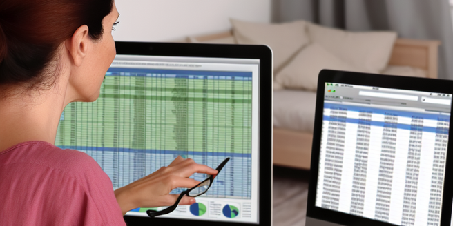 Woman looking at a computer screen showing spreadsheet of tracking results