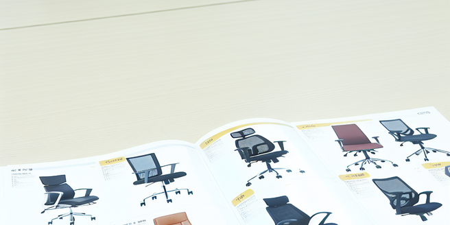 A detailed guidebook on various office chair models displayed on an office desk